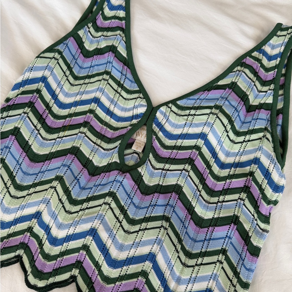 Torn Ronny Kobo Chevron Knit Two Piece Set Green Blue Crop Top Tank Skirt Small - Picture 3 of 11
